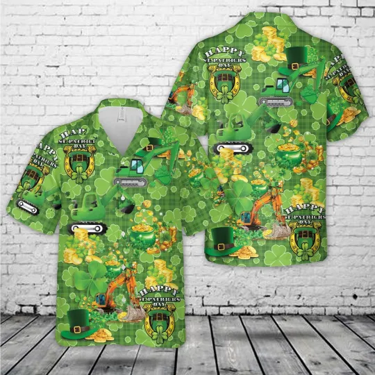 Discover St Patricks Day Excavator Hawaiian Shirt Construction Shamrock Aloha Shirt Funny