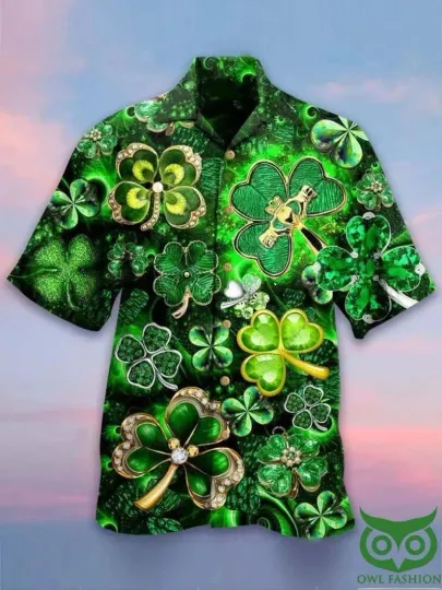 Discover Luxury Jeweled Shamrock Hawaiian Shirt St. Patrick's Day Glitter Diamond Clover