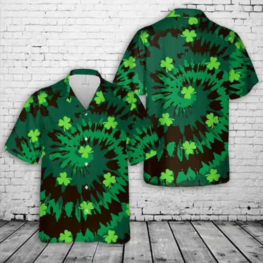 Discover Tie Dye Shamrock St. Patrick's Day Hawaiian Shirt Spiral Green Lucky Clover
