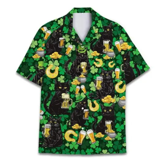 Discover Funny Black Cat Drinking Beer Hawaiian Shirt St. Patrick's Day Men