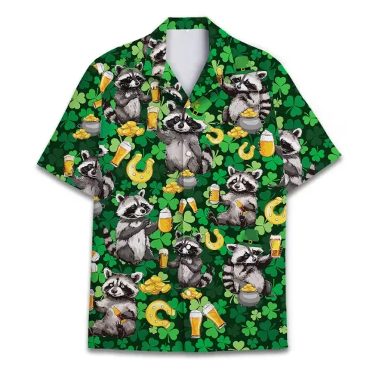 Discover Funny Raccoon St. Patrick's Day Hawaiian Shirt Irish Beer Adult &amp