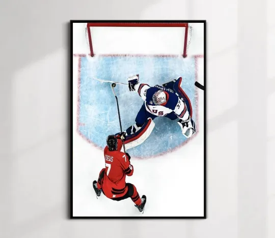 Discover Connor Hellebuyck Save Against Toews Poster - Hockey Fan Vertical Premium Matte Poster