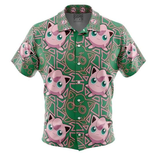 Discover Jigglypuff PKM Pattern Button Up Hawaiian Shirt, Cute PKM Tropical Button Up Summer Beach Outfit Fun PKM Shirt