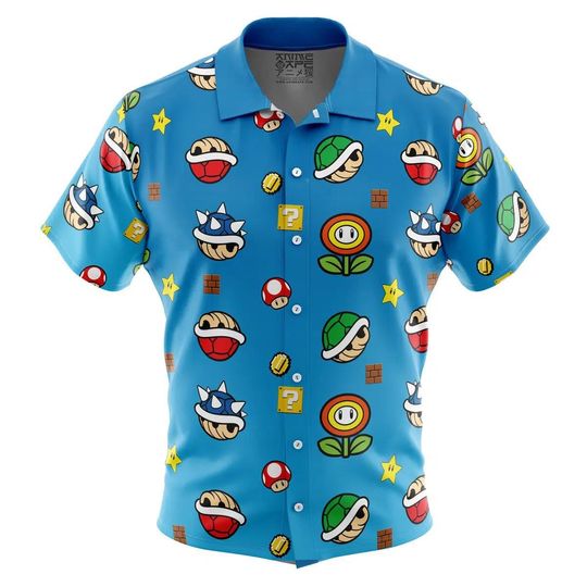 Discover Super Mario Bros Items Pattern Button Up Hawaiian Shirt,Cute Tropical Button Up Summer Vacation Beach Outfit Fun Shirt