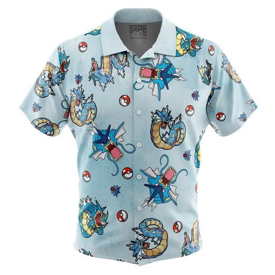 Discover Gyrados Pattern PKM Button Up Hawaiian Shirt, Cute Gyrados Tropical Button Up Summer Vacation Beach Outfit Fun Shirt