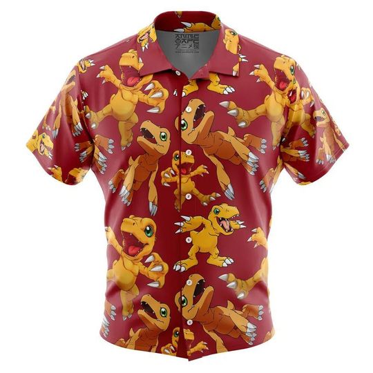 Agumon Digimon Button Up Hawaiian Shirt, Cute Tropical Agumon Digimon Button Up Summer Vacation Beach Outfit Fun Shirt