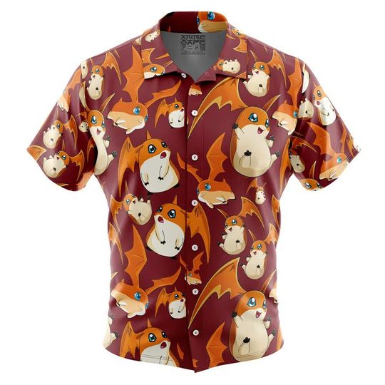 Patamon Digimon Button Up Hawaiian Shirt, Cute Tropical Patamon Digimon Button Up Summer Vacation Beach Outfit Fun Shirt