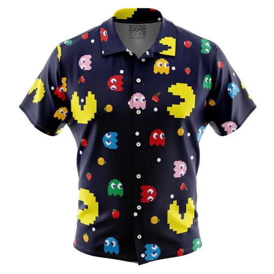 Pac Man Pattern Button Up Hawaiian Shirt, Pac Man Aloha Shirt,Cute Tropical Summer Vacation Beach Outfit Fun Shirt