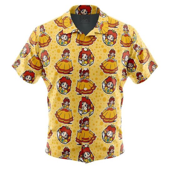Princess Daisy Super Mario Bros Button Up Hawaiian Shirt, Cute Tropical Summer Vacation Beach Outfit Fun Princess Daisy Shirt