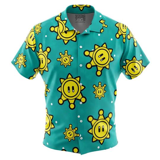 Shine Sprite Pattern Super Mario Bros Button Up Hawaiian Shirt, Cute Tropical Button Up Summer Vacation Beach Outfit Fun Shirt