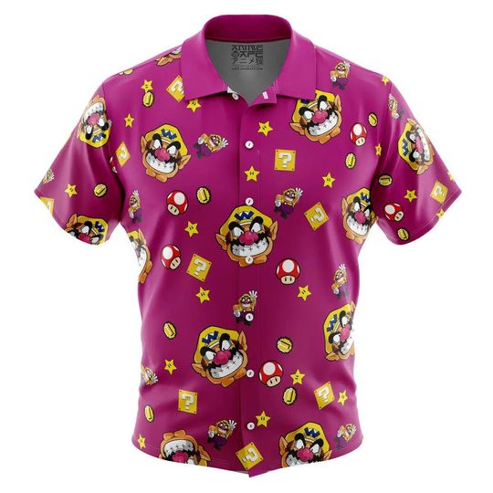 Wario Pattern Super Mario Bros Button Up Hawaiian Shirt, Cute Tropical Button Up Summer Vacation Beach Outfit Fun Shirt