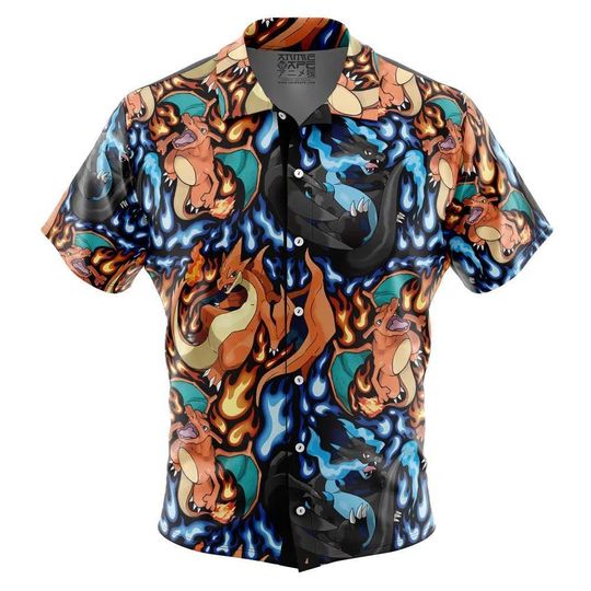 Charizard Pattern PKM Button Up Hawaiian Shirt, Cute Charizard Tropical Button Up Summer Beach Outfit Fun Charizard Shirt