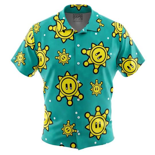 Shine Sprite Pattern Super Mario Bros Button Up Hawaiian Shirt, Cute Tropical Button Up Summer Vacation Beach Outfit Fun Shirt