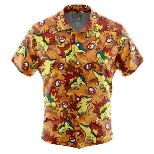 Cyndaquil Pattern PKM Button Up Hawaiian Shirt, Cute Cyndaquil Tropical Button Up Summer Vacation Beach Outfit Fun Shirt