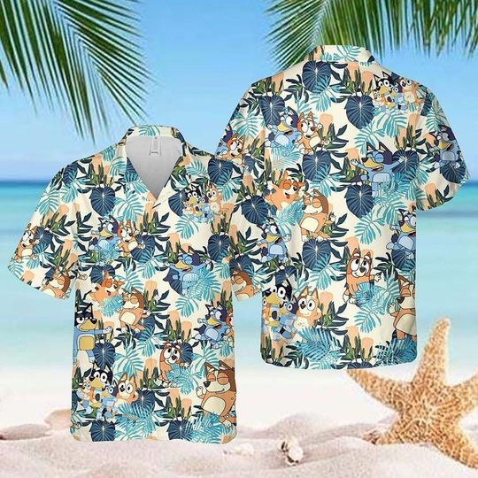 Discover BlueyDad Cute Hawaiian Shirt, BlueyGift Shirt, BlueyDad Dad Summer Shirt, BlueyDad 3D Aloha Shirt,Gift for Friend, Vintage Button Shirt