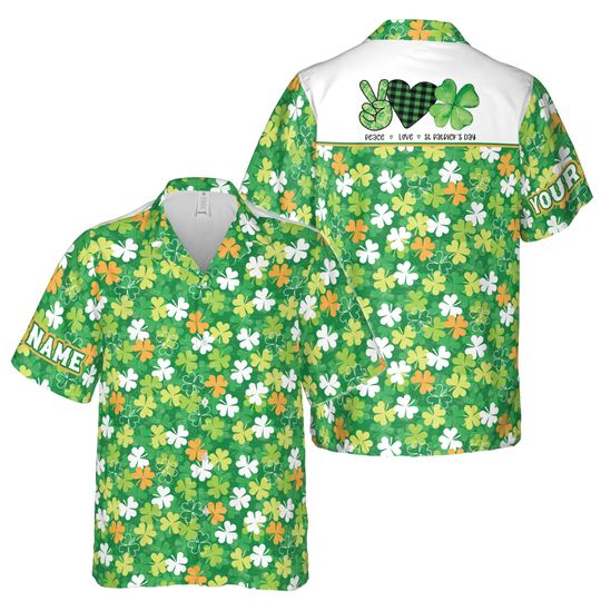 Discover Customize Name Hand Heart Peace Love Clover Pattern Green Hawaiian Shirt S-5XL