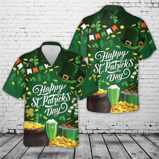 Discover Happy St Patricks Day Hawaiian Shirt Gold Coins Pot Shamrock Green Button Up Shirt Irish Party Outfit Holiday Gift
