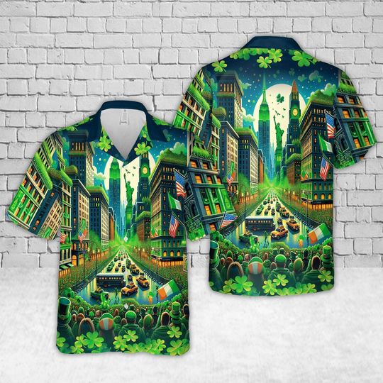 Discover New York St Patricks Day Hawaiian Shirt, NYC Parade Aloha Shirt, Shamrock Cityscape Shirt, Irish Festival Shirt, St Patricks Gift