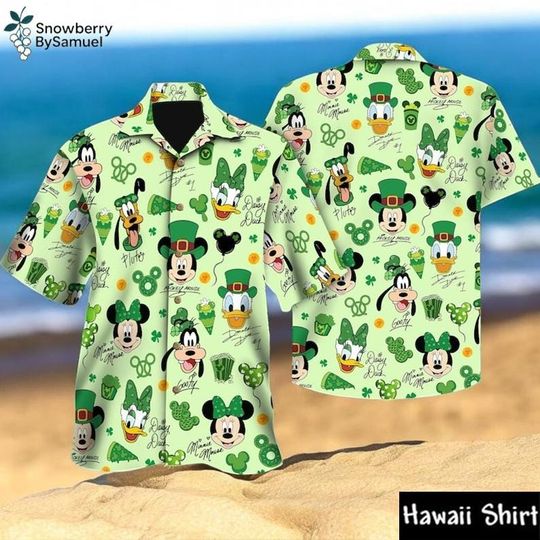 Discover Green Cartoon Hawaiian Shirt, Fun St Patrick Day Button Up Shirt, Cute Summer Vacation Shirt, Casual Beach Shirt