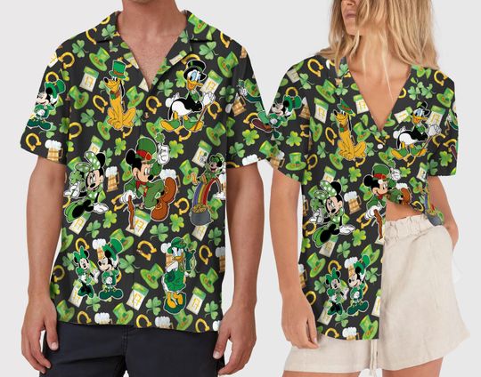 Discover Mickey and Friends Hawaiian Shirt, St Patricks Day Button Up, Green Tropical Shirt, Lucky Summer Vacation Outfit
