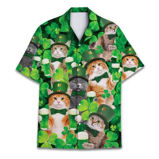 Discover St. Patrick's Day Cat Hawaiian Shirt Funny Irish Cat Beer Adult & Kids All Sizes