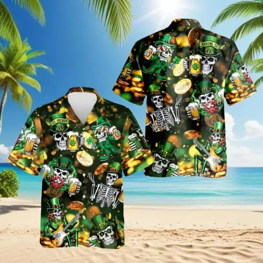 Discover Funny Skeleton Rock Hawaiian Shirt St. Patrick's Day Guitar Irish Beer Men