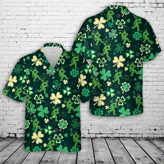 Discover Funny Bigfoot Golfing Hawaiian Shirt St. Patrick's Day Golf Clover All Sizes