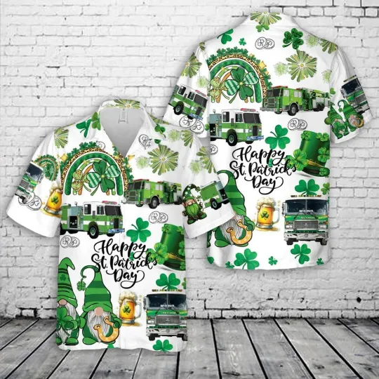 Discover St Patricks Day Hawaiian Shirt Green Fire Truck Shamrock - Adults & Youth