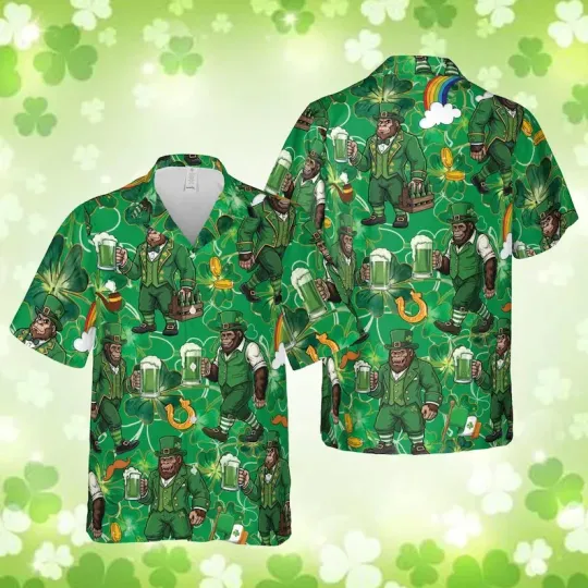 Discover Funny Wolf Leprechaun Hawaiian Shirt St. Patrick's Day Irish Flag Men Kids Size