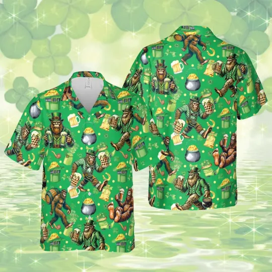 Discover Funny Bigfoot Sasquatch St. Patrick's Day Hawaiian Shirt Family Kids Adults