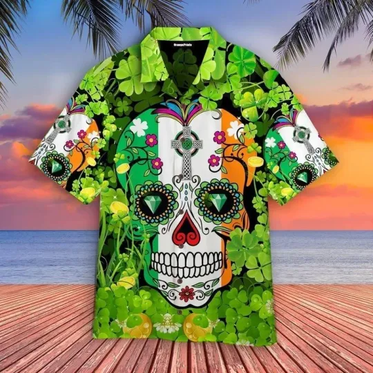 Discover Sugar Skull Saint St Patricks Day Aloha Hawaiian Shirts - Size S-5XL