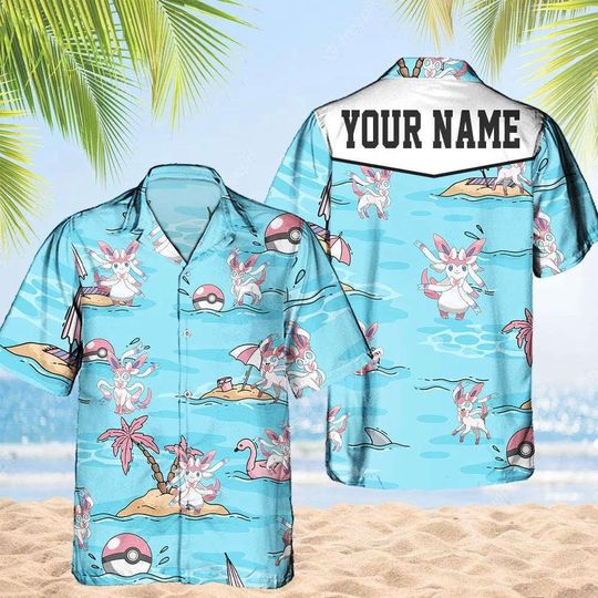 Sylveon PKM Hawaii Shirt Party Summer Sleeve Shirt, Anime Sylveon lover Button Shirts, Vintage Sylveon Summer Shirt