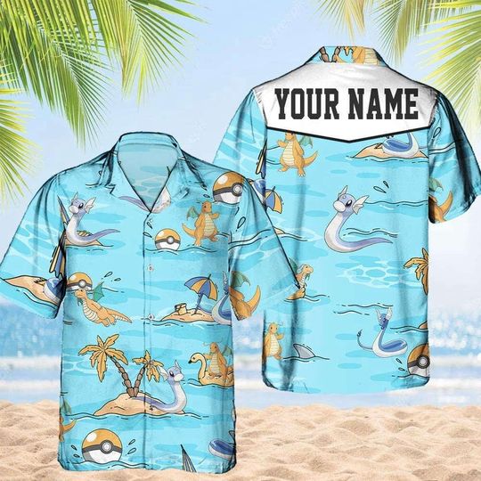 Discover Dratini PKM Hawaii Shirt Party Summer Sleeve Shirt, Anime Dragonair lover Button Shirts,Vintage Dragonair Summer Shirt, Aloha Shirt,