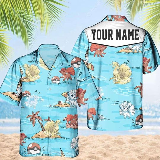 Discover Vulpix PKM Hawaii Shirt Party Summer Sleeve Shirt, Anime Vulpix lover Button Shirts,Vintage Vulpix Summer Shirt, Aloha Shirt,