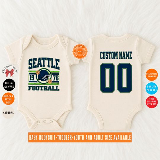 Discover Custom Seattle Football Baby Bodysuit, Personalized Name And Number On The Back, Kids Sports Jersey