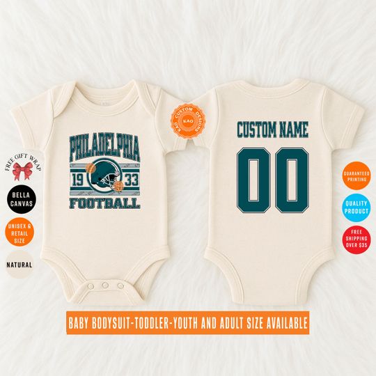 Discover Custom Philadelphia Football Baby Bodysuit, Personalized Name And Number On The Back, Kids Sports Jersey
