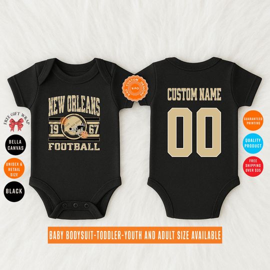 Discover Custom New Orleans Football Baby Bodysuit, Personalized Name & Number On The Back, Kids Sports Jersey