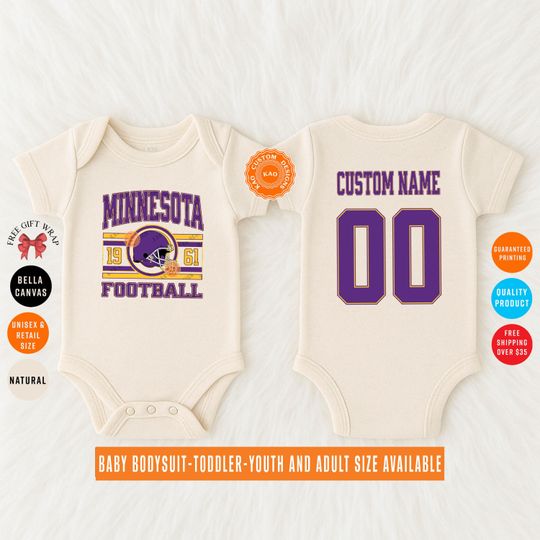 Custom Minnesota Football Baby Bodysuit, Personalized Name And Number On The Back, Kids Sports Jersey