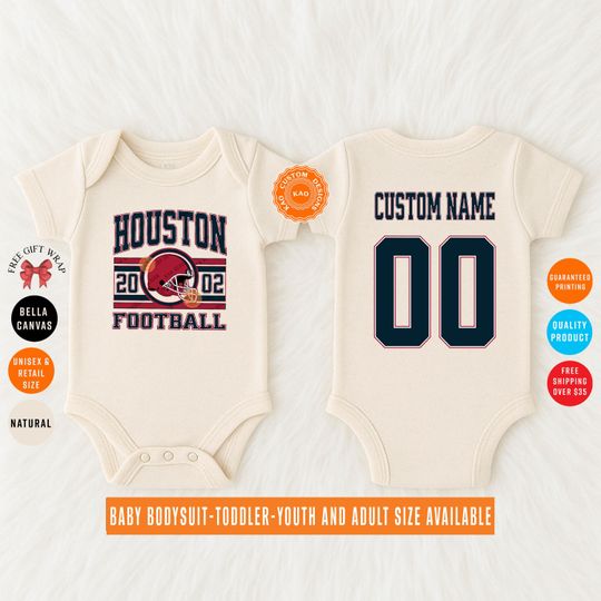 Discover Custom Houston Football Baby Bodysuit, Personalized Name And Number On The Back, Kids Football Jersey