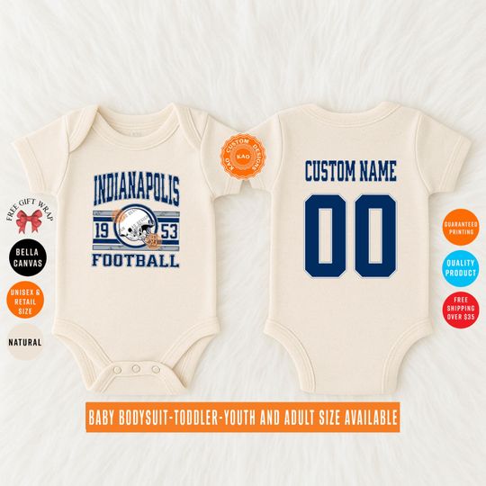 Discover Custom Indianapolis Football Baby Bodysuit, Personalized Name And Number On The Back, Kids Football Jersey