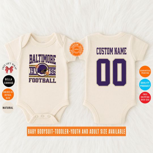 Discover Custom Baltimore Football Baby Bodysuit, Personalized Name And Number On The Back, Kids Football Jersey