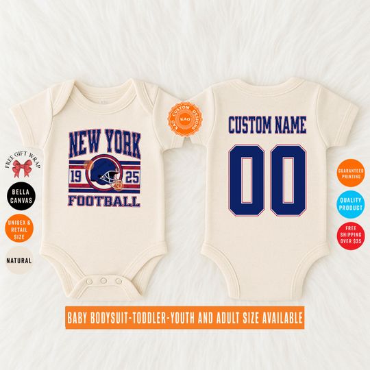 Discover Custom New York Football Baby Bodysuit, Personalized Name & Number On The Back, Kids Sports Jersey