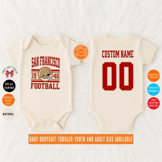 Custom San Francisco Football Baby Bodysuit, Personalized Name And Number On The Back, Kids Sports Jersey