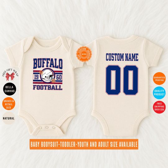 Discover Custom Buffalo Football Baby Bodysuit, Personalized Name And Number On The Back, Bill Kids Jersey