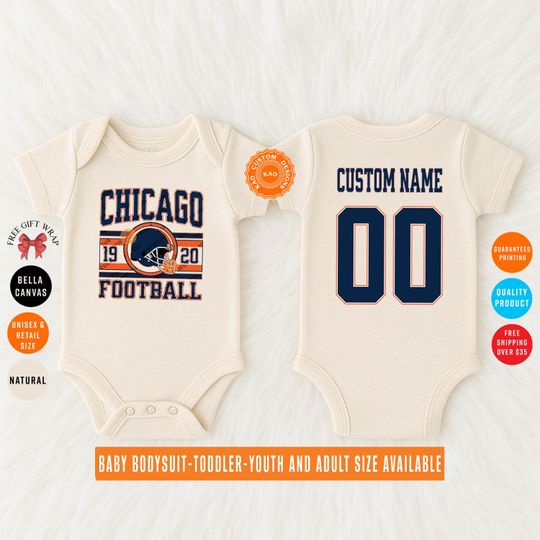 Discover Custom Chicago Football Baby Bodysuit, Personalized Name And Number On The Back, Kids Sports Jersey