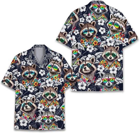 Discover Raccoon Tropical Flowers Hawaiian Shirt, Raccoon Lover Summer Shirt, Raccoon 3D Aloha Shirt,Gift for Friend, Vintage Button Shirt