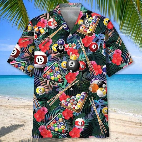 Discover Billiard Tropical Flowers Hawaiian Shirt, Billiard Lover Summer Shirt, Billiard 3D Aloha Shirt,Gift for Friend, Vintage Button Shirt
