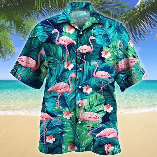 Discover Love Flamingo Tropical Flowers Hawaiian Shirt, Flamingo Lover Summer Shirt, Flamingo 3D Aloha Shirt,Gift for Friend, Vintage Button Shirt