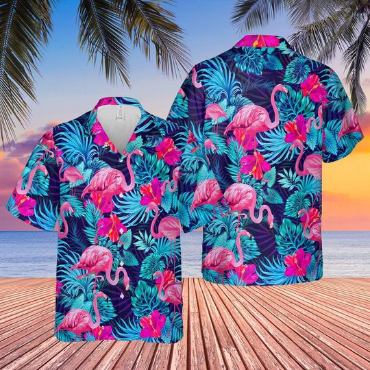 Discover Love Flamingo Tropical Flowers Hawaiian Shirt, Flamingo Lover Summer Shirt, Flamingo 3D Aloha Shirt,Gift for Friend, Vintage Button Shirt