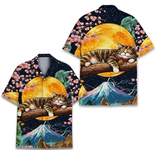 Discover Cute Cat Hawaiian Shirt Adult , Sleeping Cat Moon Shirt Button Up